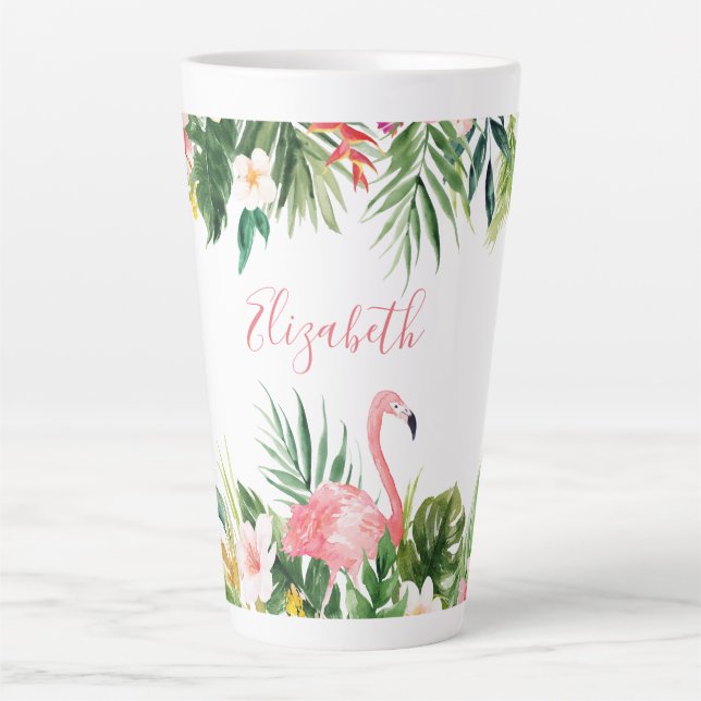Taza De Café Latte Acuarela Tropical Floral Flamingo rosa grande (Anverso)