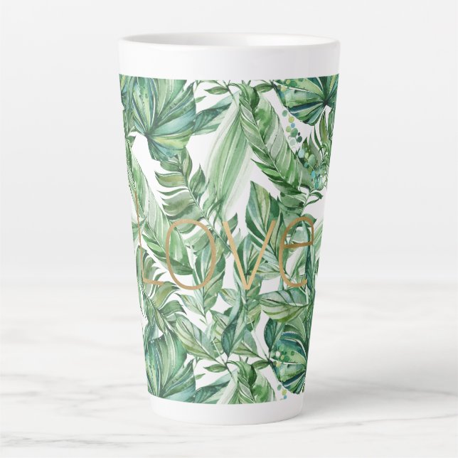 Taza De Café Latte Acuarela tropical Verde deja amor de oro (delgado) (Anverso)