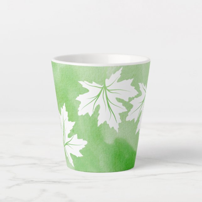 Taza De Café Latte Acuarela verde y primavera de hojas de arce blanca (Anverso)