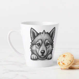 Taza De Café Latte Adorable Husky Puppy Wood Engraving Style