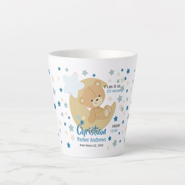 Taza De Café Latte Adorable Teddy Bear Baby Boy Estadísticas de Nacim (Anverso)