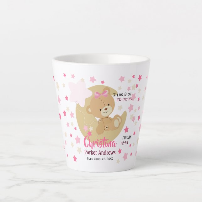 Taza De Café Latte Adorable Teddy Bear Baby Girl Estadísticas De Naci (Anverso)