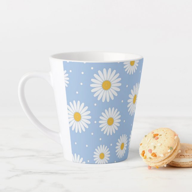 Taza De Café Latte ¡Adorable White Daisy Blue Latte Mug! (In situ)