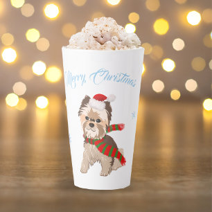 Taza De Café Latte Adorable Yorkie de Navidad con gorro de Santa copo