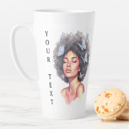 Taza De Café Latte Afro Beauty with Butterflies – Watercolor Portrait