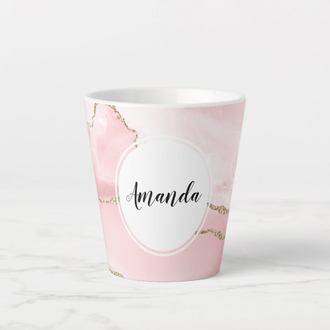 Taza De Café Latte Agante Rubor rosa con cinta dorada elegante (Anverso)