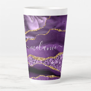 Taza De Café Latte Agple violeta púrpura Purpurina de oro Geode Nombr
