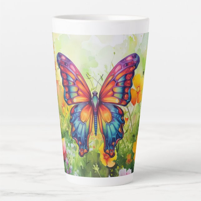 Taza De Café Latte Alas Naranjas azules de mariposa (Anverso)