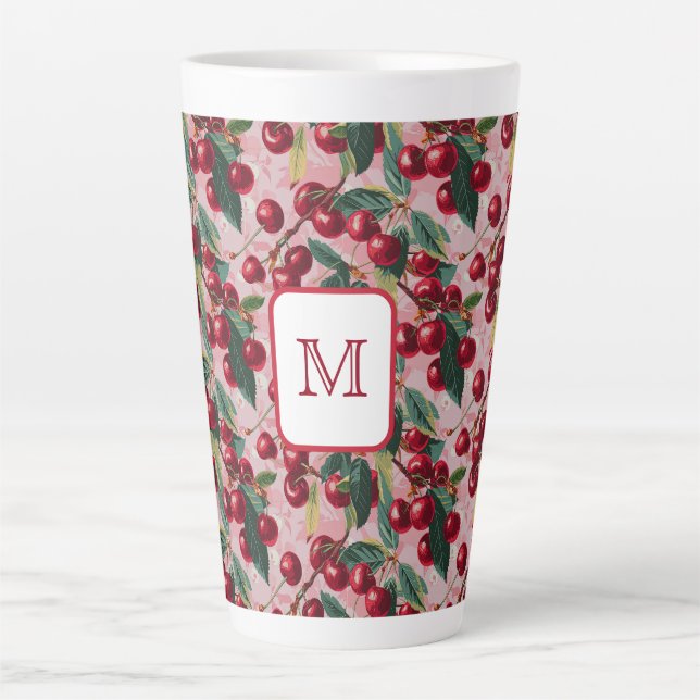 Taza De Café Latte Alegre 'Cherry Pop' rosa con monogramo (Anverso)
