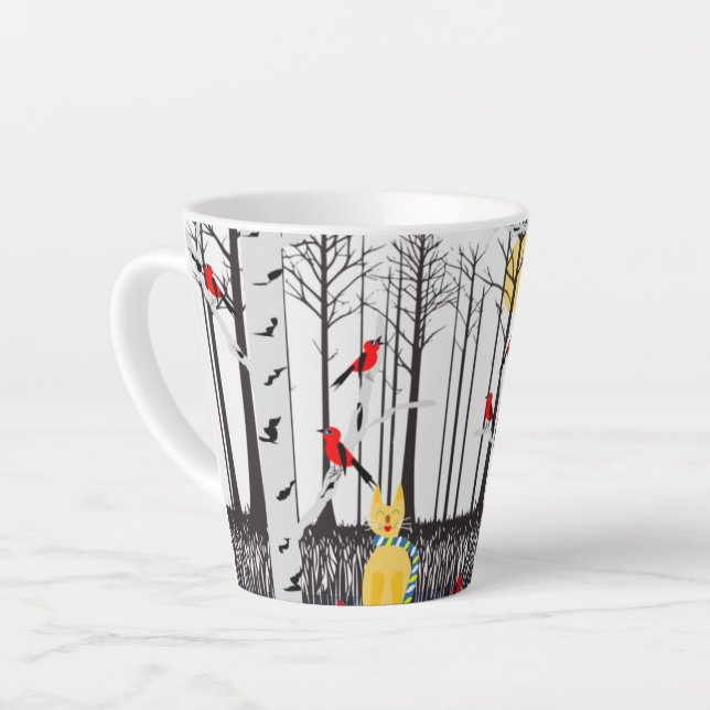 Taza De Café Latte Alegría de invierno - Gato con cardenales de Birch (Ángulo izquierdo)