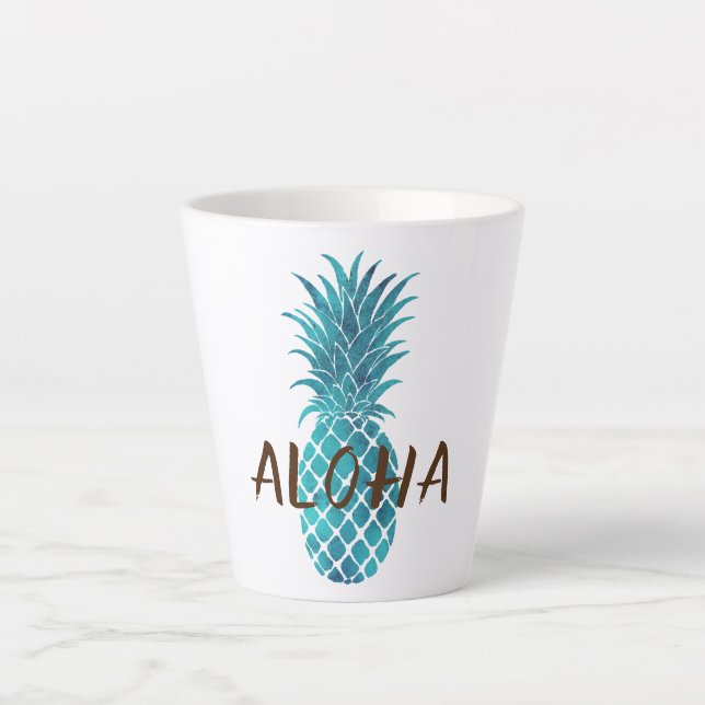 Taza De Café Latte Aloha de piña tropical azul turquesa (Anverso)