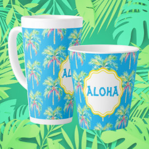 Taza De Café Latte Aloha Tropical Palm Tree Blue Latte Mug