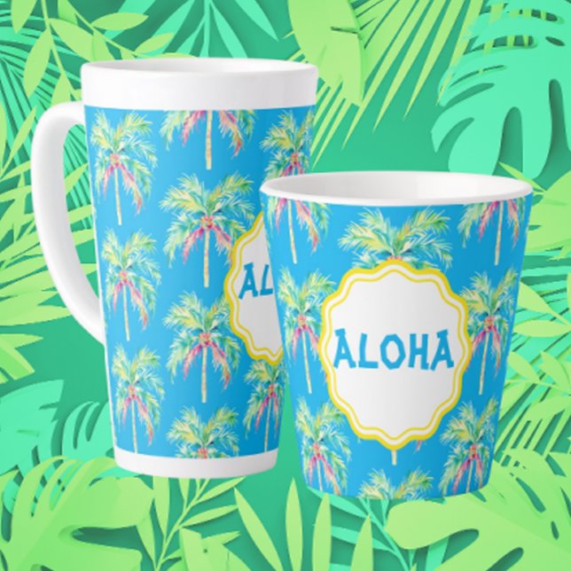 Taza De Café Latte Aloha Tropical Palm Tree Blue Latte Mug (Start your morning off right with a latte. Customize with a name or message!)