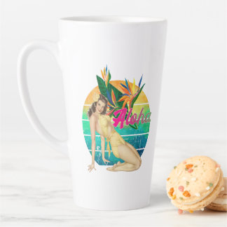 Taza De Café Latte Aloha Tropical Pin-up chica retro arte de puesta d