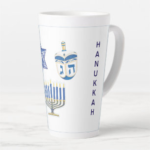 Taza De Café Latte Alto de Hanukkah azul y blanco
