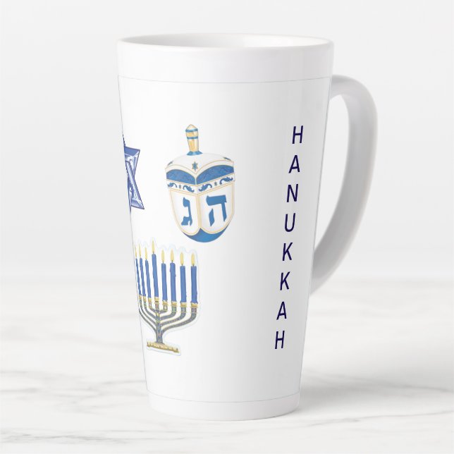Taza De Café Latte Alto de Hanukkah azul y blanco (Ángulo derecho)