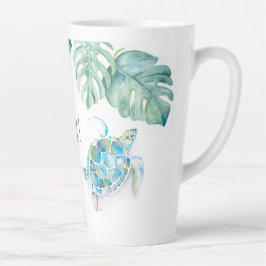 Taza De Café Latte Alto Turquesa Tropical Azul Acuarela Turquesa Mar