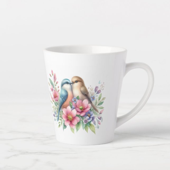 Taza De Café Latte Amantes en las flores de primavera (Derecha)