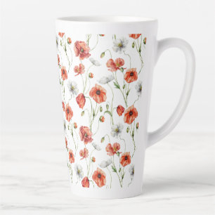 Taza De Café Latte Amapolas de pradera y flores silvestres blancas en