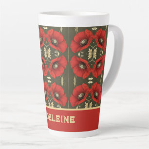 Taza De Café Latte Amapolas Vintage Gold Rojo Art Nouveau