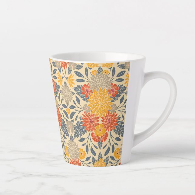 Taza De Café Latte Amarillo cálido, Naranja y floral azul (Derecha)