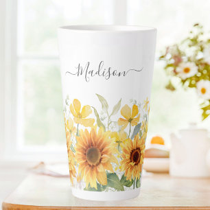Taza De Café Latte Amarillo Flor Monograma Girasol Floral Botánico