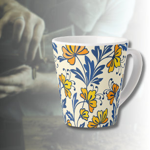 Taza De Café Latte Amarillo Naranja Floral Folclórico Azul Hoja Vinta
