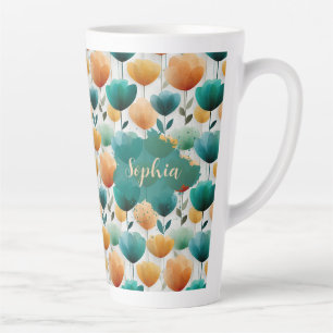 Taza De Café Latte Amarillo y Verde Floral Primavera Vintage
