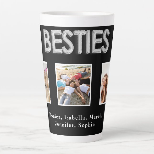 Taza De Café Latte Amigos con nombres de fotos en plata negra (Anverso)