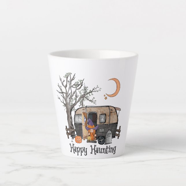 Taza De Café Latte Amortización feliz | Camper de Halloween | Bruja e (Anverso)