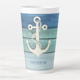 Taza De Café Latte Ancla de madera turquesa azul náutico