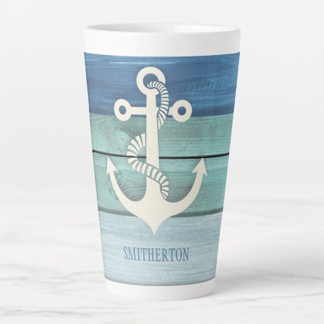 Taza De Café Latte Ancla de madera turquesa azul náutico (Anverso)