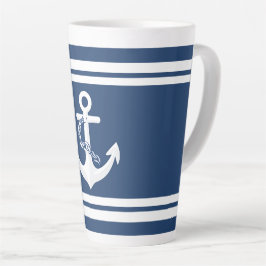 Taza De Café Latte Ancla Náutica Vela Navegación Blanco Azul Marina