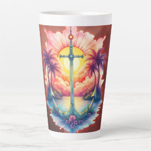 Taza De Café Latte Ancla solar en un paraíso tropical.