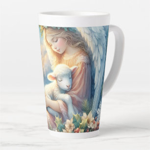 Taza De Café Latte Ángel de Navidad con Cordero en Paz Invernal