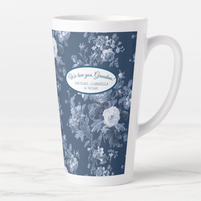 Taza De Café Latte Anglóbulos florales de la marina azul y abuela bla (Derecha)