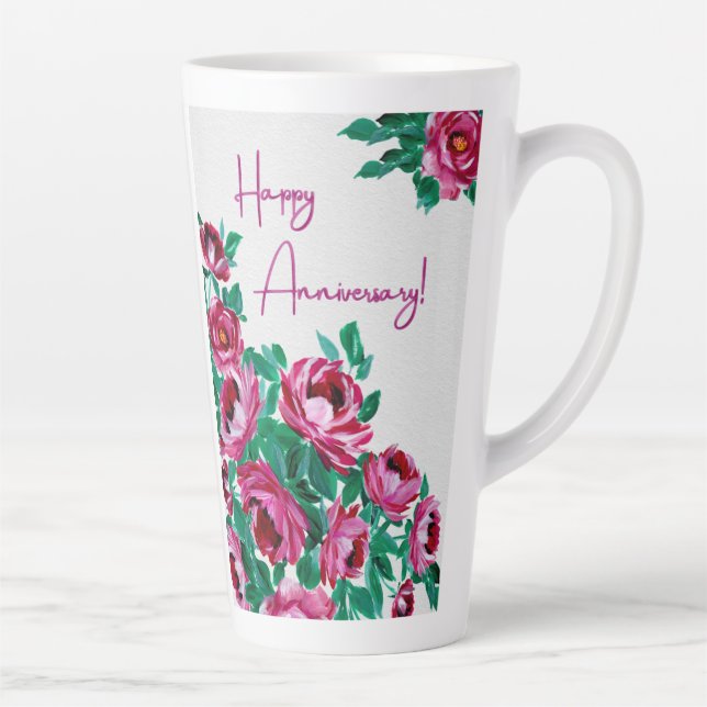 Taza De Café Latte Aniversario feliz - Vibrante saludo floral rosado (Derecha)
