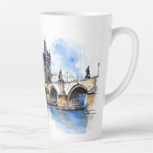 Taza De Café Latte Antigua Praga, puente Carlos acuarela