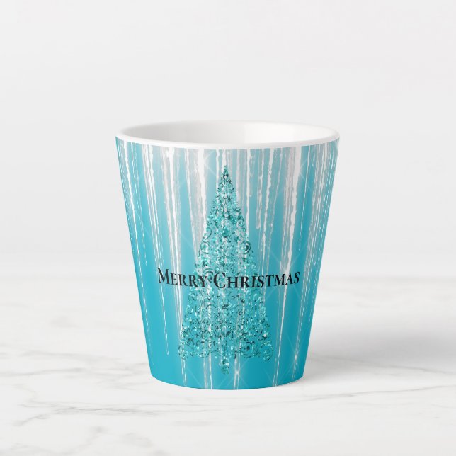 Taza De Café Latte Aqua Blue Icicles Sparkle Christmas Tree (Anverso)