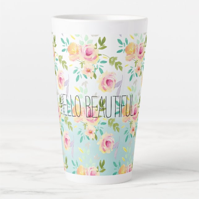 Taza De Café Latte Aqua Ombre Flor Amarilla Rosa (Anverso)