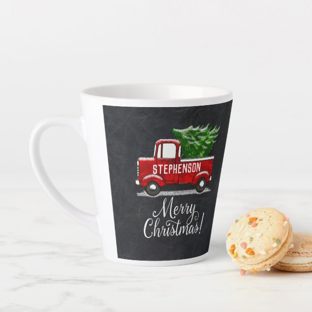 Taza De Café Latte Árbol de camionetas rojo personalizado Feliz Navid (In situ)