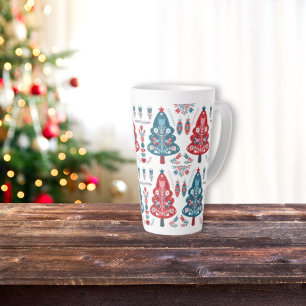 Taza De Café Latte Árbol de Navidad Rojo y Azul Adorable con Patrón N