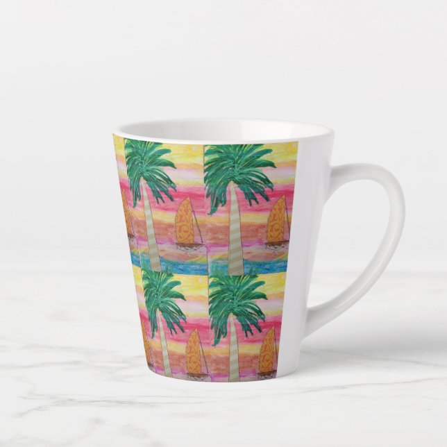 Taza De Café Latte Árbol de palmas y velero (Derecha)