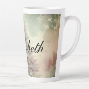 Taza De Café Latte Árbol y ornamentos navideños de color de agua vint