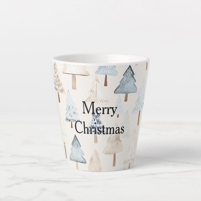 Taza De Café Latte Árboles de Navidad azul beige crema (Anverso)