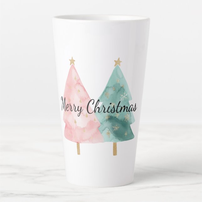 Taza De Café Latte Árboles de Navidad verdes rosados (Anverso)