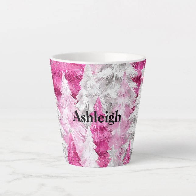 Taza De Café Latte Árboles navideños de glam blanco rosado (Anverso)