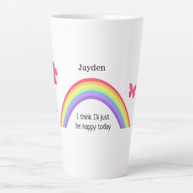 Taza De Café Latte Arcoiris, sé feliz hoy. Mariposas y tu nombre (Anverso)