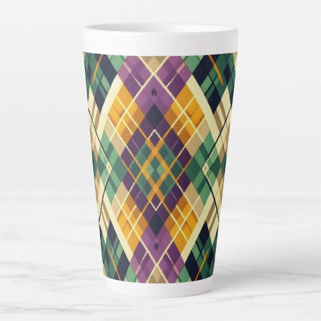 Taza De Café Latte Argyle Mardi Gras verde púrpura amarillo (Anverso)