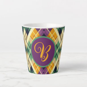 Taza De Café Latte Argyle Mardi Gras verde púrpura amarillo